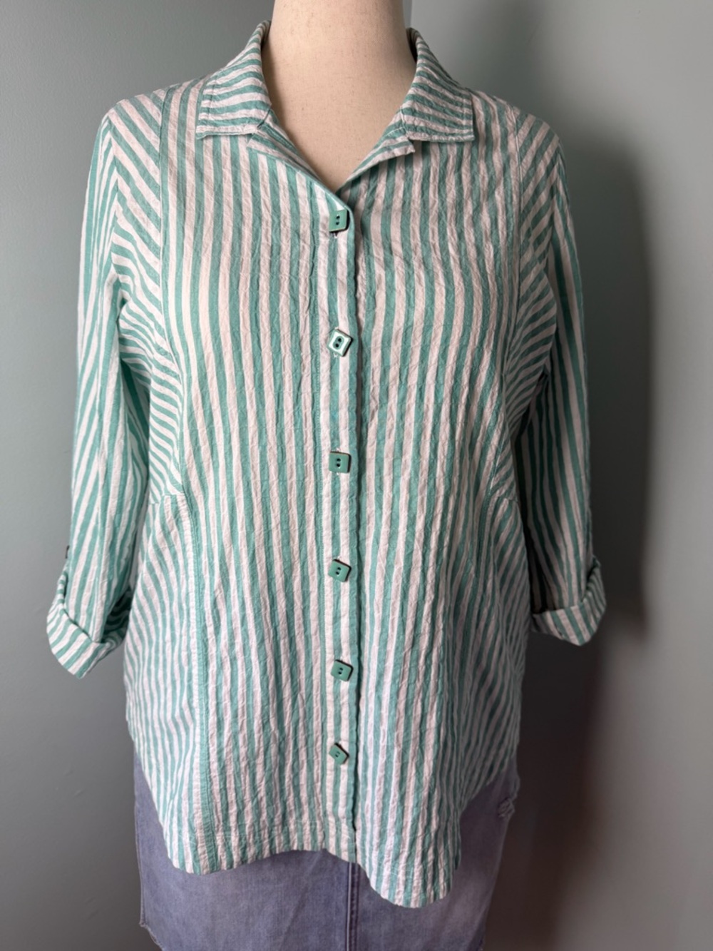 Soft Seersucker Stripe Button Front Top Teal & White Relaxed Coastal Cottage
